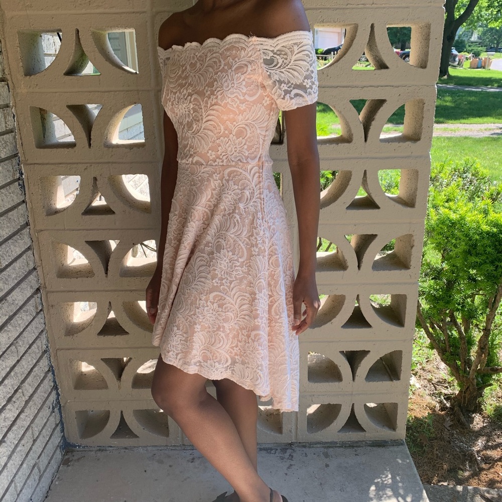 Off the shoulder high low lace dress